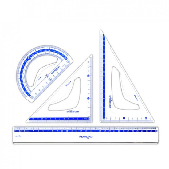 طقم من 4 قطع مثلث 2 قطعة ومنقلة ومسطرة ازرق شفاف كيرود