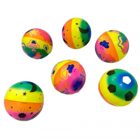 كرة اطفال اسفنج وسط 10 سم رسومات ملونة فسفورية
