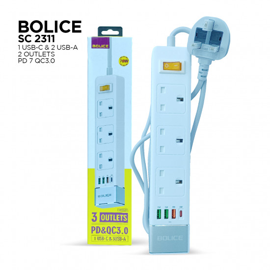 توصيلة Bolice SK 3467 1 USB-C & 3 USB-A 3 Outlets PD QC3.0 طول 2 متر