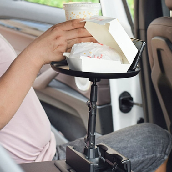 حامل أكواب للسيارة استمتع بطعامك وابق منظمًا، طاولة صينية السيارة قابلة للتعديل مع ذراع دوار يدور 360 درجة وقاعدة قابلة للتمديد