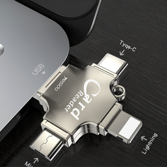 يسيدو - Yesido GS13 قارئ بطاقات متعدد الوظائف 4 في 1 مع محول USB3.0 فائق السرعة لنقل البيانات OTG - فضي