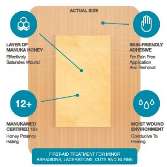 ضمادات لاصقة مقاس كبير مشربة بعسل المانوكا من الدرجة الطبية للجروح البسيطة ، والتهابات الجلد والحروق الصغيرة
