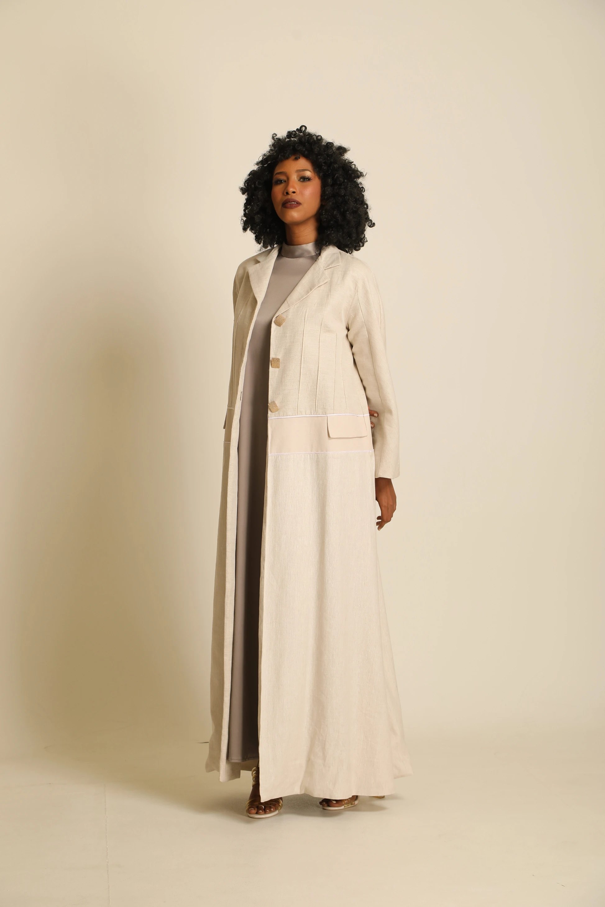 Beige textured linen Abaya 081