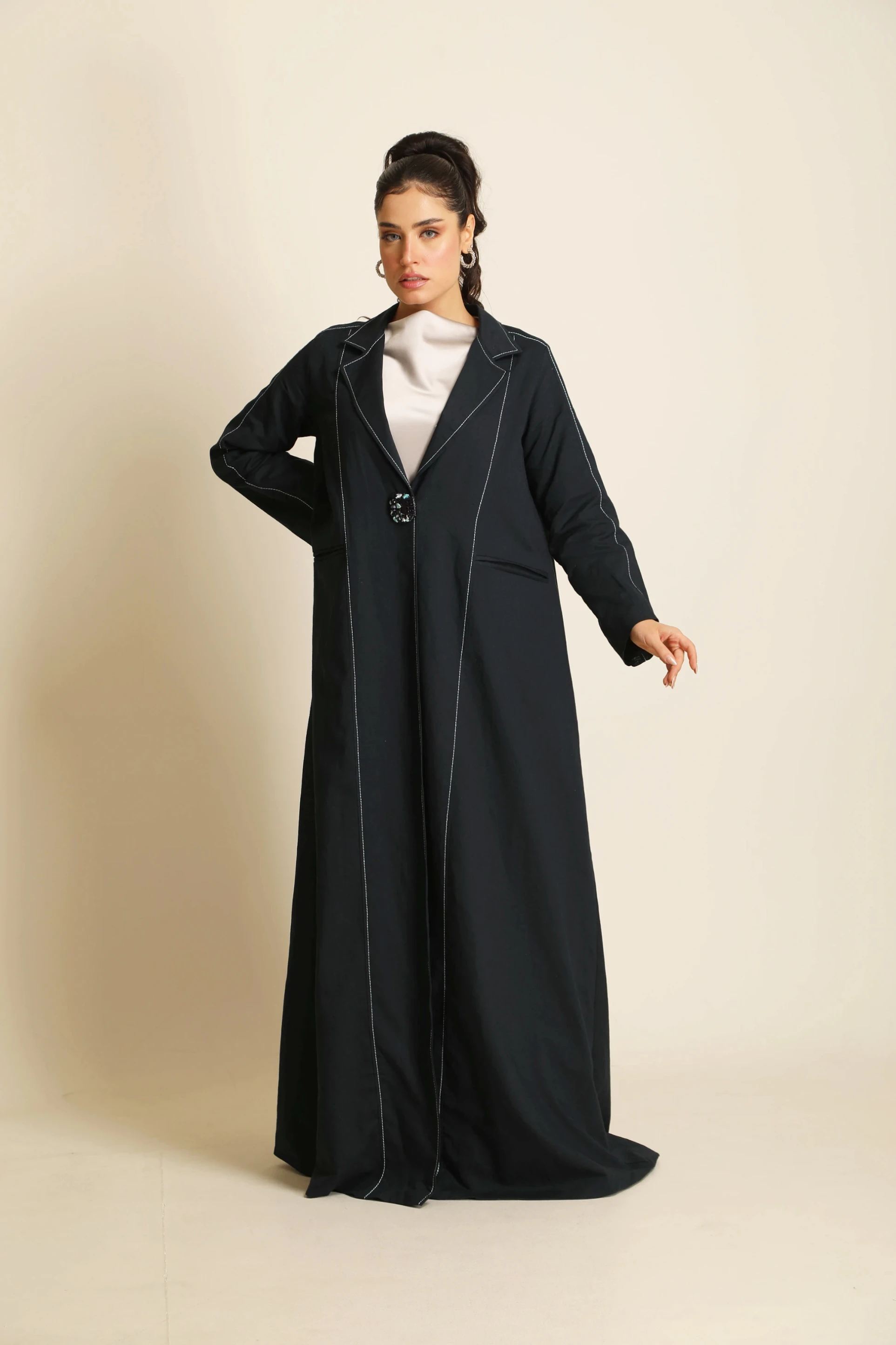 Navy blue linen Abaya 078