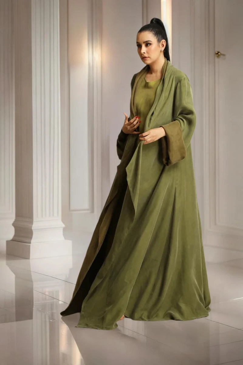 Heavy silk olive green Abaya 077